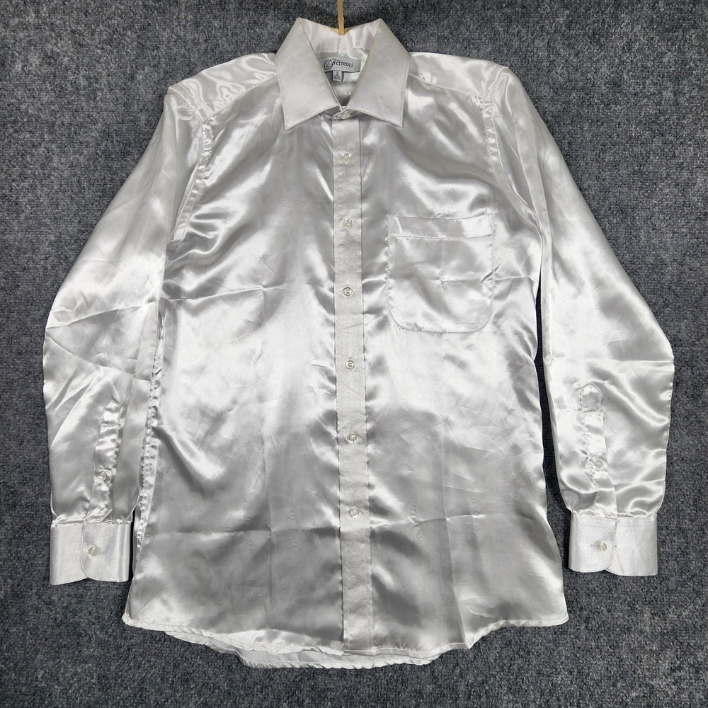 Ferrecci Mens White Satin Microfiber Dress Shirt Long Sleeve Button Up Small